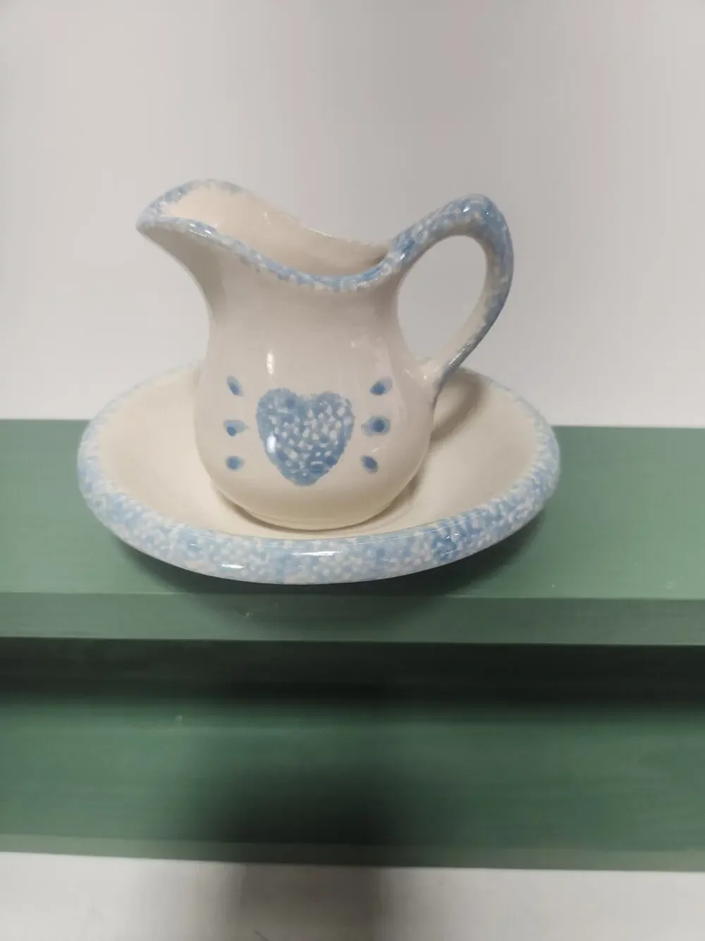 Vintage LoMo Co. Ceramic Creamer & Underplate Blue Heart Spongeware Country